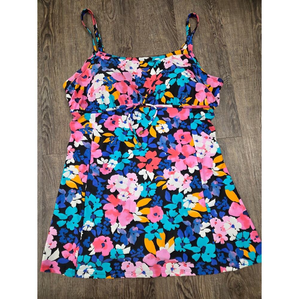 Alisha Levine Plus Size One Piece Bathing Suit Skirt Padded Top Floral Black 22W